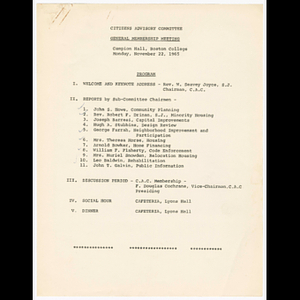 Agenda for Citizens Advisory Committee general membership meeting on November 22, 1965