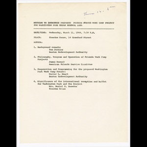 Agenda for Friends summer work camp project meeting on March 11, 1964