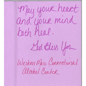 Card from a woman at the Western Massachusetts Correctional Alcohol Center