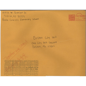 Envelope in which letters and drawings were sent to the City of Boston from students at Rancho Gabriela Elementary School (Surprise, Arizona)
