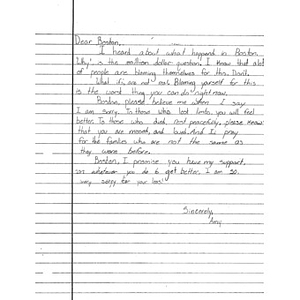 Letter to Boston from a student at Dunn Elementary School (Arlington, Texas)