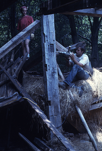Moon Barn interior deconstruction of posts and beams in Moon Lot - Primmer Farm. Haymow on north side of barn.
