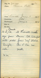 Tewksbury Almshouse Intake Record: Bell, Thomas