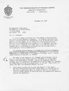 Letter to Jimmy Carter from Governor Edward J. King regarding the IRS calling into question a financing plan which has been relied upon in Massachusetts