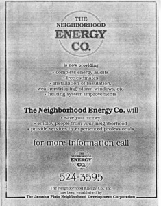 Flyer advertising the Neighborhood Energy Company as part of the Jamaica Plain Neighborhood Development Corporation