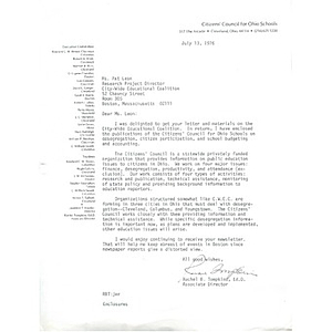 Letter, Pat Leon, July 13, 1976.