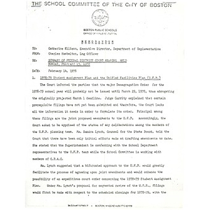 Memo, summary of federal district court hearing held Monday, February 13, 1978.