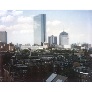 View from Boston's South End, looking towards the Hancock building and other skyscrapers of downtown.