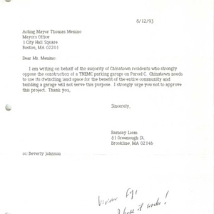 Letters written to Mayor Thomas Menino in opposition to the proposed parking garage, mailed out on August 10, 1993