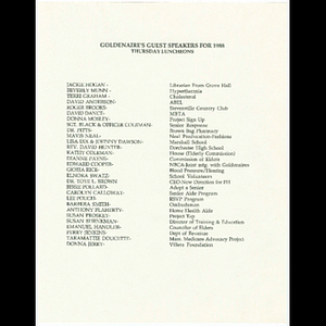 List of Goldenaires guest speakers for 1988 Thursday luncheons