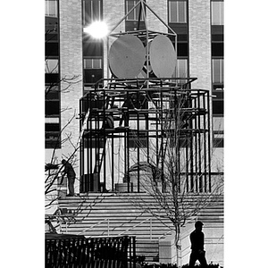 Construction of the clock tower on Richardson Plaza