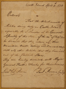 Orders from Paul Revere and Col. Pierce, Castle Island, Massachusetts