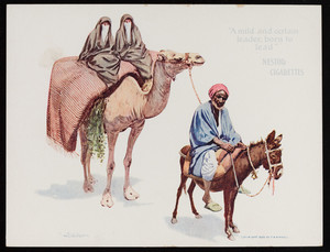 Trade card for Nestor Cigarettes, man on donkey leading a camel, Nestor Gianaclis Company, Cairo, Boston, London, 1899