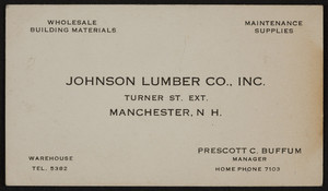 Business card for Johnson Lumber Co., Inc., Turner Street Extension, Manchester, New Hampshire, undated
