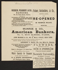 Kidder, Peabody & Co., bankers, No. 40 State Street and Munroe & Co., American bankers, No.114 Milk Street, Boston, Mass., 1873