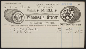 Billhead for S.N. Ellis, wholesale grocer, 53 Golden Street, New London, Connecticut, dated November 21, 1906