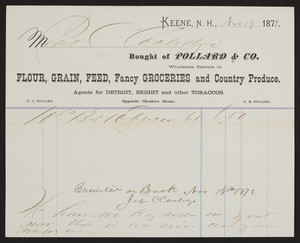 Billhead for Pollard & Co., wholesale dealers in flour, grain, feed, fancy groceries and country produce, Keene, New Hampshire, dated November 19, 1872