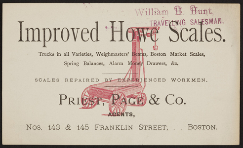 Trade card for Improved Howe Scales, Priest, Page & Co., Nos. 143 & 145 Franklin Street, Boston, Mass., undated