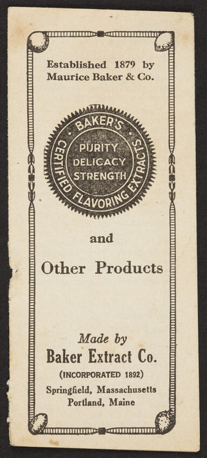 Coupon for Bakers Certified Flavoring Extracts, Baker Extract Co., Springfield, Mass. and Portland, Maine, undated