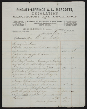 Billhead for Ringuet-Leprince & L. Marcotte, decoration, warehouse, 343, 345 & 347 4th Street, east of Broadway, factory, 55 West 16th Street, New York, New York, dated December 2