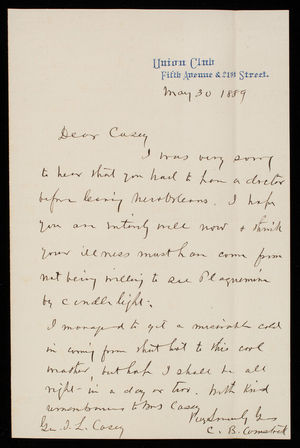 [Cyrus] B. Comstock to Thomas Lincoln Casey, May 30, 1889