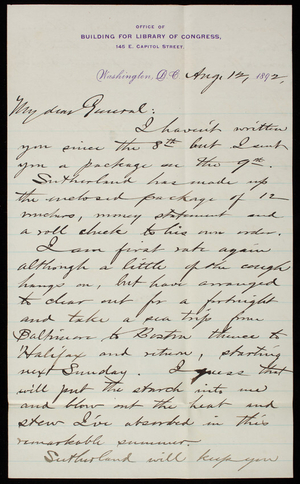 [Bernard R.] Green to Thomas Lincoln Casey, August 12, 1892