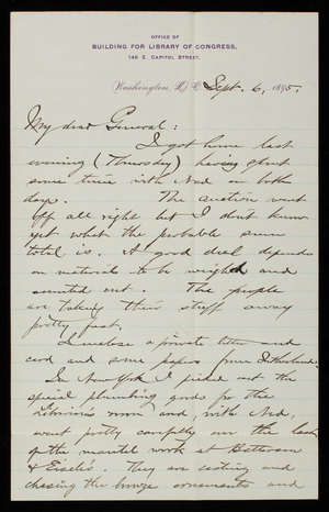 [Bernard R.] Green to Thomas Lincoln Casey, September 6, 1895