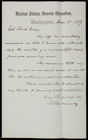 Senator Kirkwood to Thomas Lincoln Casey, December 5, 1877