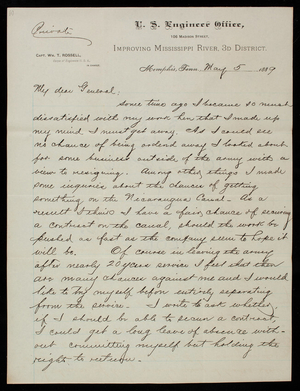 [William] T. Rossell to Thomas Lincoln Casey, May 5, 1889