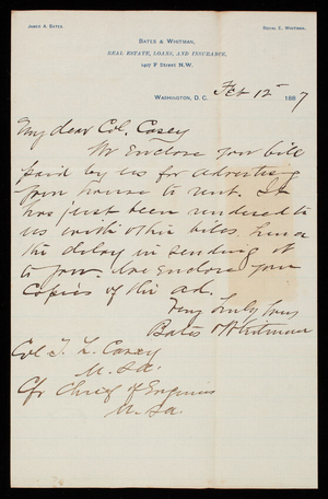 Bates & Whitman to Thomas Lincoln Casey, February 12, 1887