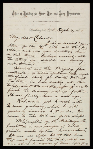 Bernard R. Green to Thomas Lincoln Casey, September 6, 1887