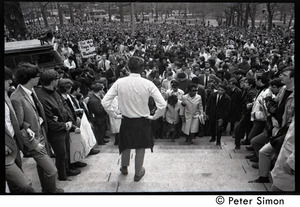 Demonstration on steps of the Massachusetts State House following the assassination of Martin Luther King: demonstrators ascending the steps