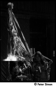 May Day at Packer Corners commune: Verandah Porche (far right) and Phoebe McLean with maypole (partial double exposure with third woman obscured)