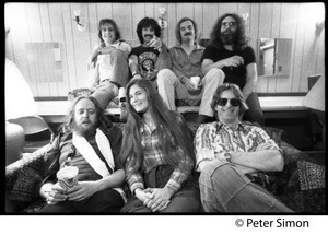 Grateful Dead backstage (rear, left to right): Bob Weir, Mickey Hart, Bill Kreutzman,Jerry Garcia; (front) Keith Godchaux, Donna Godchaux, Phil Lesh