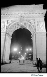 Washington Square Arch at night, in the snow