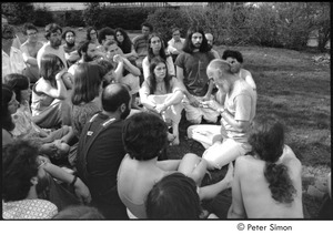 Ram Dass retreat at David McClelland's: Ram Dass speaking to group, Mirabai Bush to his left