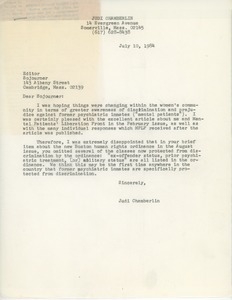 Letter from Judi Chamberlin to Sojourner
