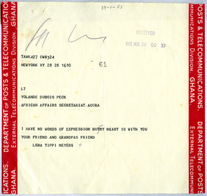 Telegram from Lena Tippi Meyers to Shirley Graham