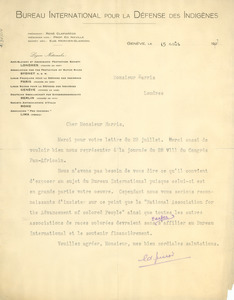 Letter from Bureau international pour la defense des indigenes to John H. Harris