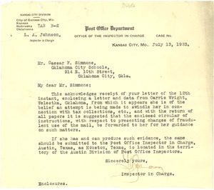 Letter from Post Office Department Office of the Inspector in Charge to Caesar F. Simmons