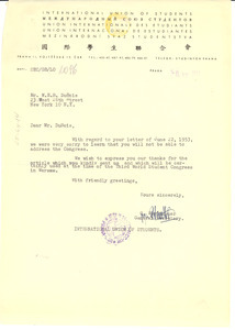 Letter from International Union of Students to W. E. B. Du Bois