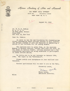 Letter from African Academy of Arts and Research to W. E. B. Du Bois