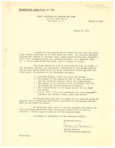 Circular letter from Peace Institute of Greater New York to unidentified correspondent