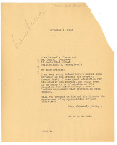 Letter from W. E. B. Du Bois to Jewish Youth Banquet