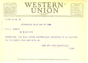 Telegram from John and Vada Somerville to W. E. B. Du Bois