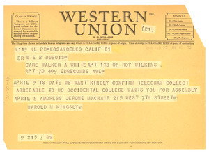 Telegram from Congregational and Christian Churches to W. E. B. Du Bois