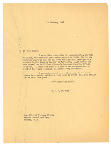 Letter from W. E. B. Du Bois to Manumit School and Camp