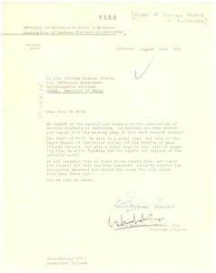 Letter from Association of Suriname Students in Amsterdam to Shirley Graham Du Bois