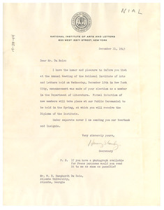 Letter from National Institute of Arts and Letters to W. E. B. Du Bois