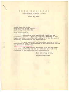 Letter from United States Senate Committee on Military Affairs to John W. Davis